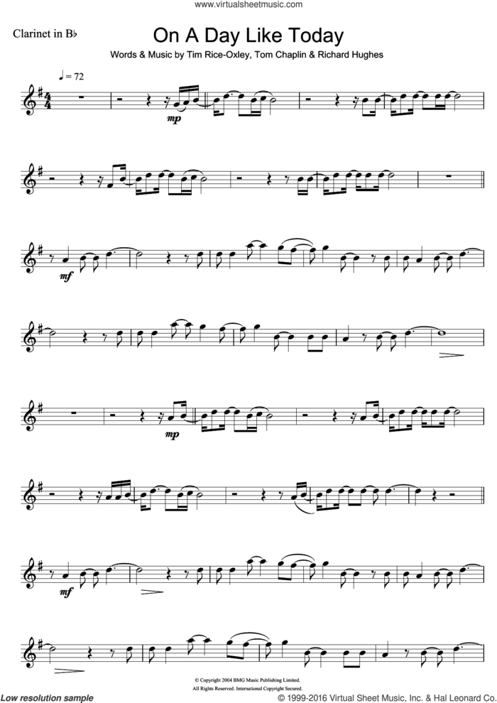 On A Day Like Today sheet music for clarinet solo by Tim Rice-Oxley, Richard Hughes and Tom Chaplin, intermediate skill level