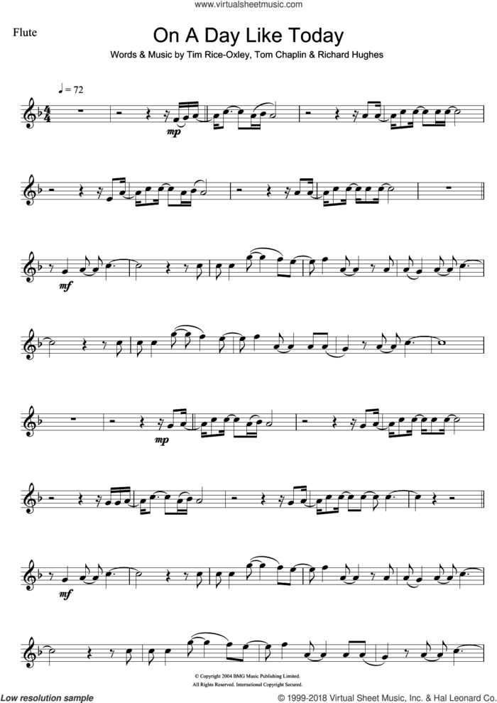 On A Day Like Today sheet music for flute solo by Tim Rice-Oxley, Richard Hughes and Tom Chaplin, intermediate skill level
