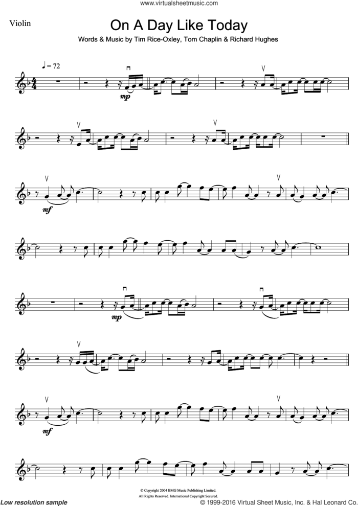 On A Day Like Today sheet music for violin solo by Tim Rice-Oxley, Richard Hughes and Tom Chaplin, intermediate skill level
