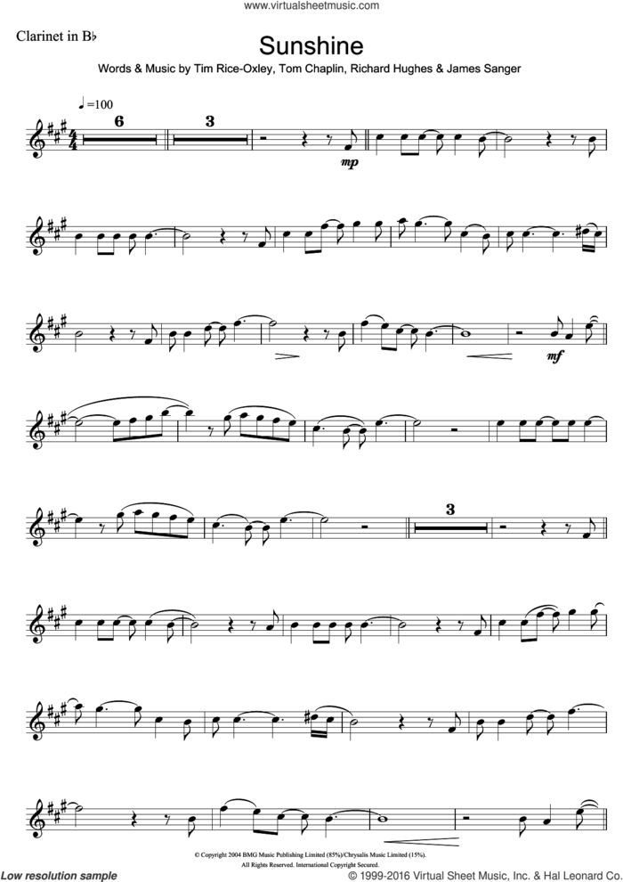 Sunshine sheet music for clarinet solo by Tim Rice-Oxley, James Sanger, Richard Hughes and Tom Chaplin, intermediate skill level