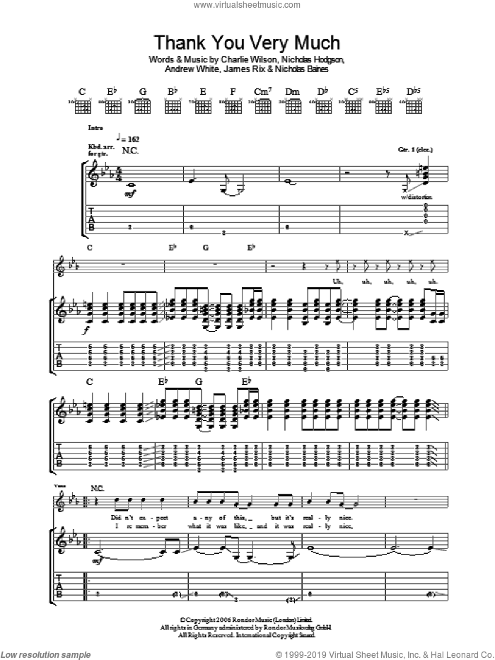 Thank You Very Much sheet music for guitar (tablature) by Kaiser Chiefs, Andrew White, Charlie Wilson, James Rix, Nicholas Baines and Nicholas Hodgson, intermediate skill level