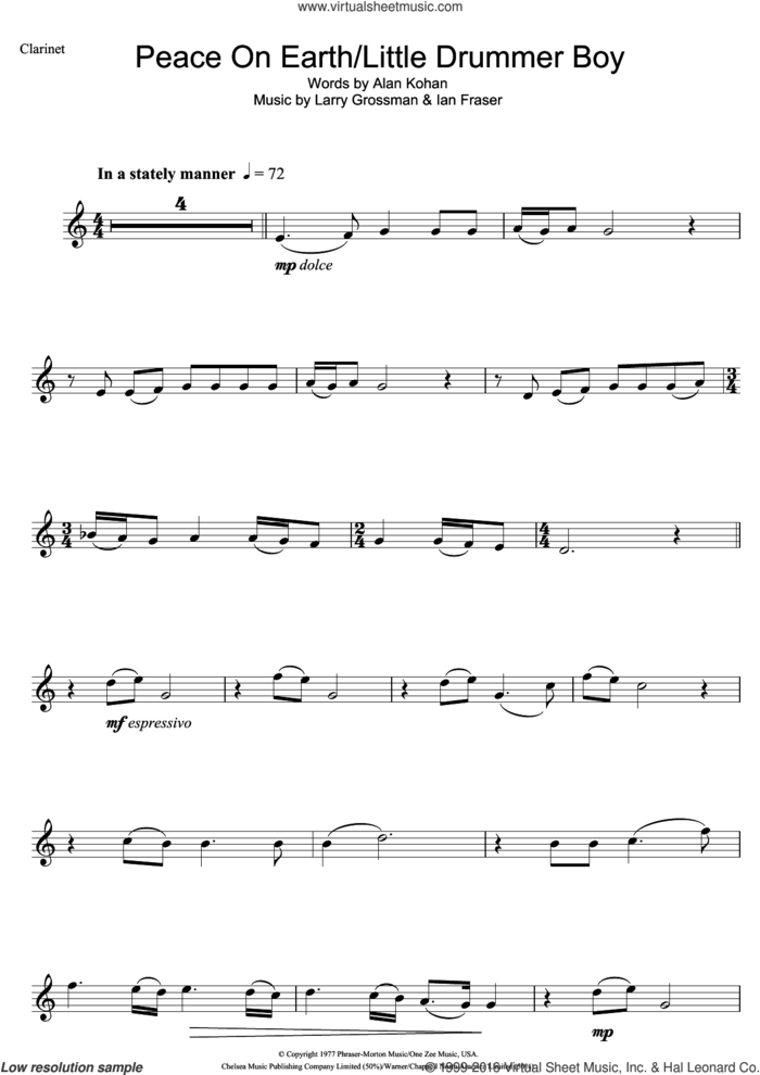 Peace On Earth sheet music for clarinet solo by David Bowie, Alan Kohan, Ian Fraser and Larry Grossman, intermediate skill level
