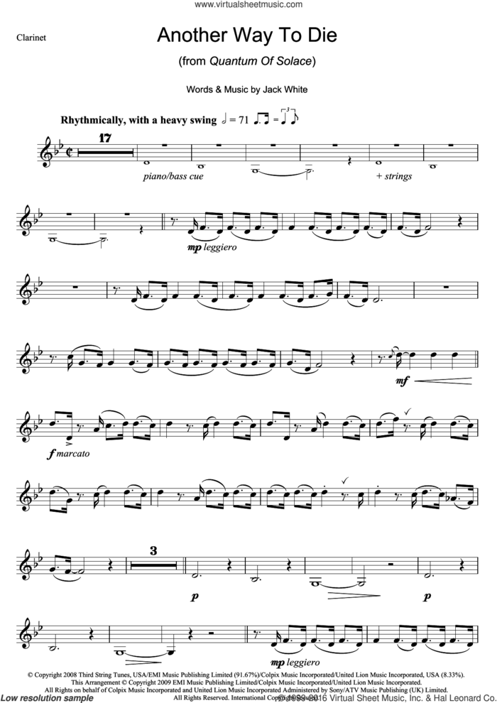 Another Way To Die sheet music for clarinet solo by Jack White and Alicia Keys, intermediate skill level