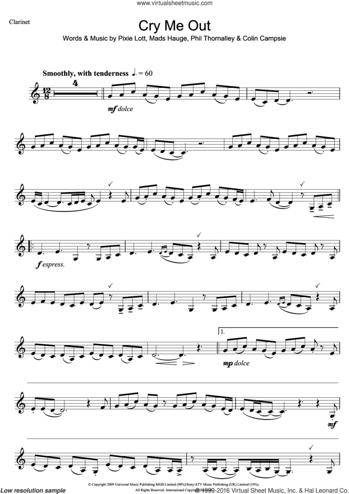 Cry Me Out sheet music for clarinet solo by Pixie Lott, Colin Campsie, Mads Hauge and Phil Thornalley, intermediate skill level
