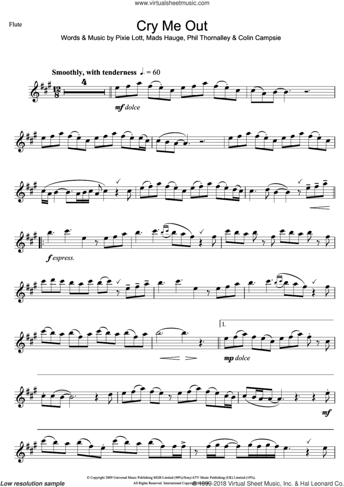 Cry Me Out sheet music for flute solo by Pixie Lott, Colin Campsie, Mads Hauge and Phil Thornalley, intermediate skill level