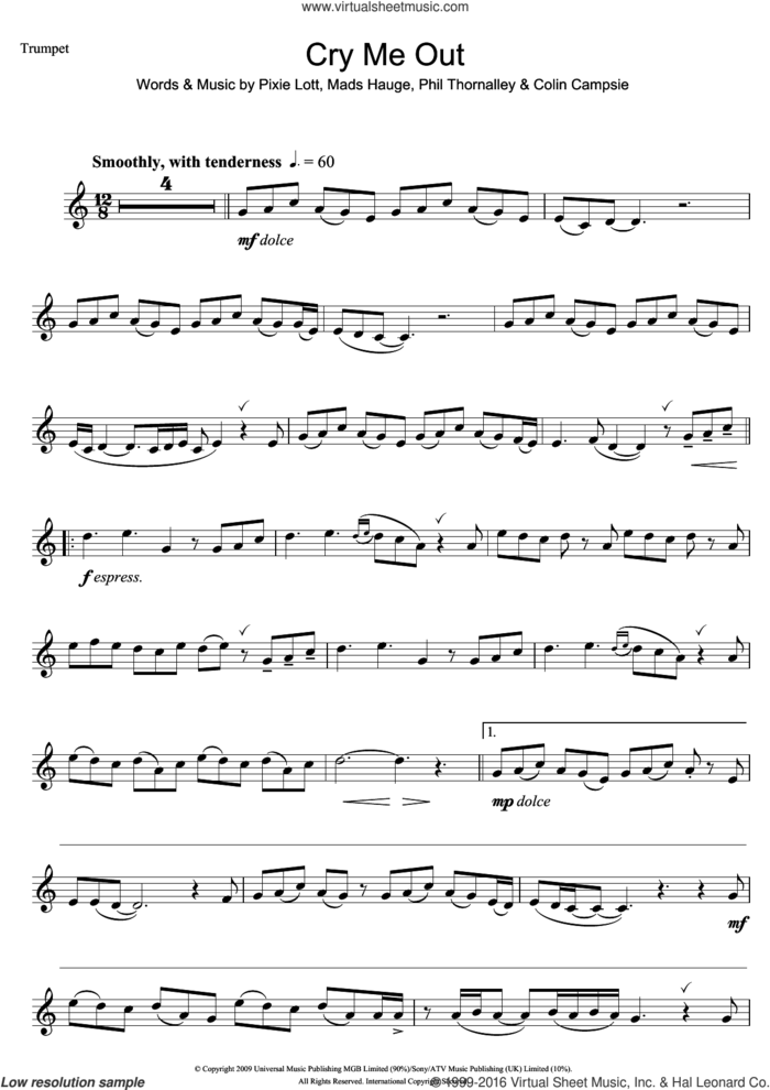 Cry Me Out sheet music for trumpet solo by Pixie Lott, Colin Campsie, Mads Hauge and Phil Thornalley, intermediate skill level
