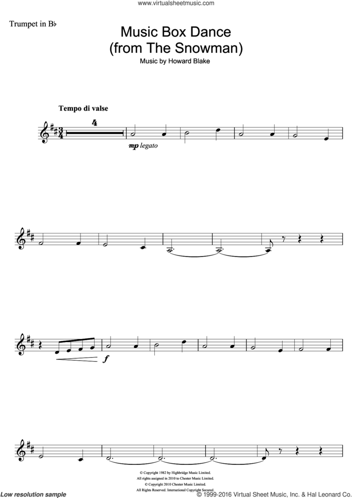 Music Box Dance (from The Snowman) sheet music for trumpet solo by Howard Blake, intermediate skill level