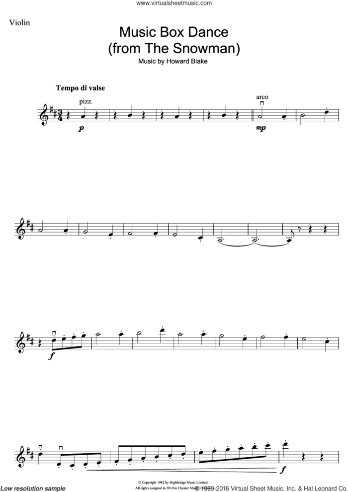 Music Box Dance (from The Snowman) sheet music for violin solo by Howard Blake, intermediate skill level
