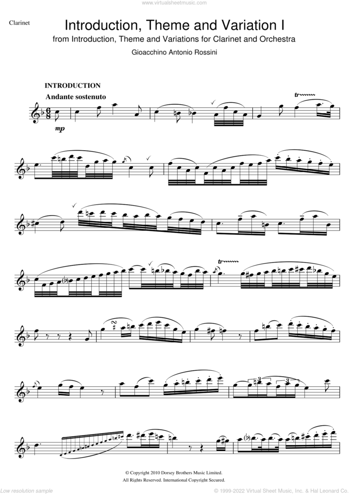Introduction, Theme, and Variation I sheet music for clarinet solo by Gioacchino Rossini, classical score, intermediate skill level