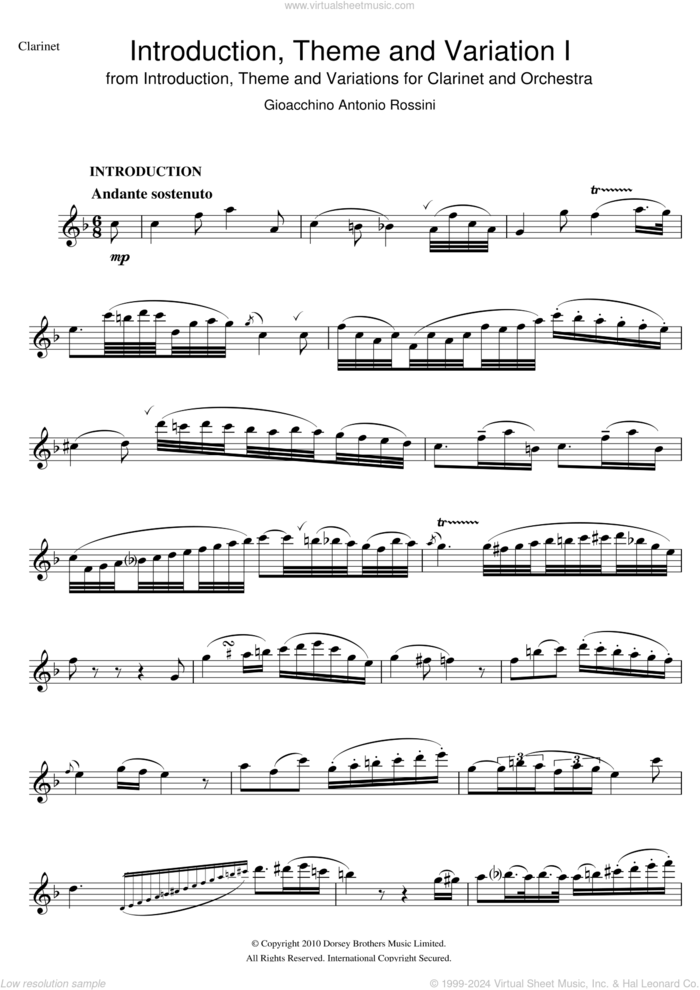 Introduction, Theme, and Variation I sheet music for clarinet solo by Gioacchino Rossini, classical score, intermediate skill level