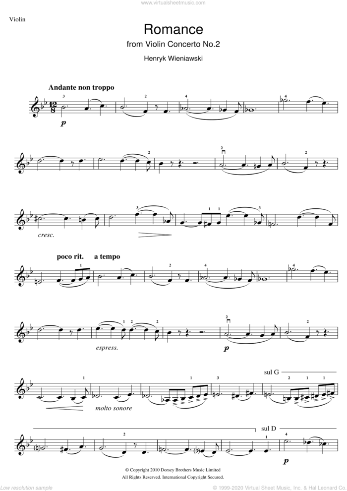 Romance From Violin Concerto, No.2 sheet music for violin solo by Henryk Wieniawski, classical score, intermediate skill level