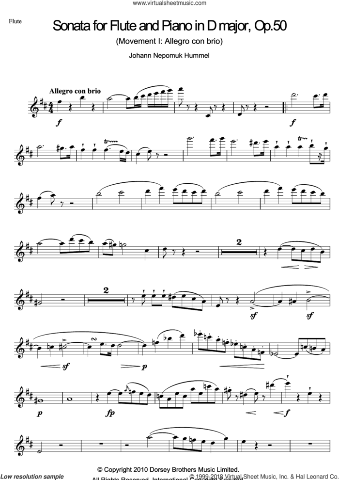 Sonata For Flute And Piano In D Major, Op.50 sheet music for flute solo by Johann Nepomuk Hummel, classical score, intermediate skill level