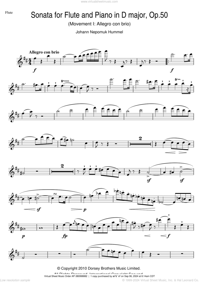 Sonata For Flute And Piano In D Major, Op.50 sheet music for flute solo by Johann Nepomuk Hummel, classical score, intermediate skill level