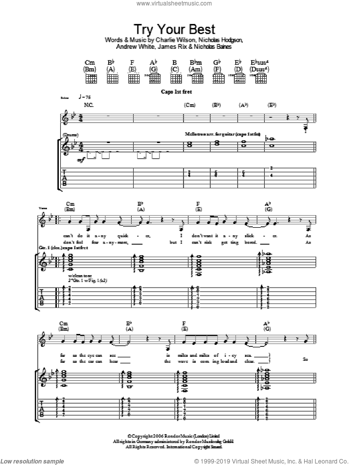 Try Your Best sheet music for guitar (tablature) by Kaiser Chiefs, Andrew White, Charlie Wilson, James Rix, Nicholas Baines and Nicholas Hodgson, intermediate skill level