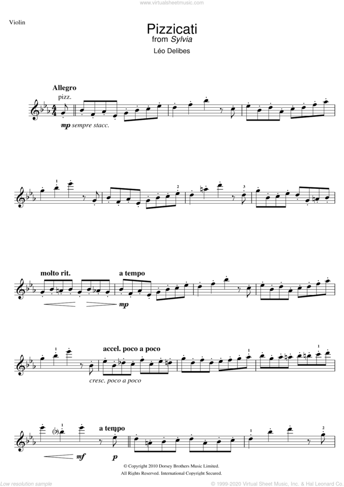 Pizzicati (from Sylvia) sheet music for violin solo by Leo Delibes and Leo Delibes, classical score, intermediate skill level
