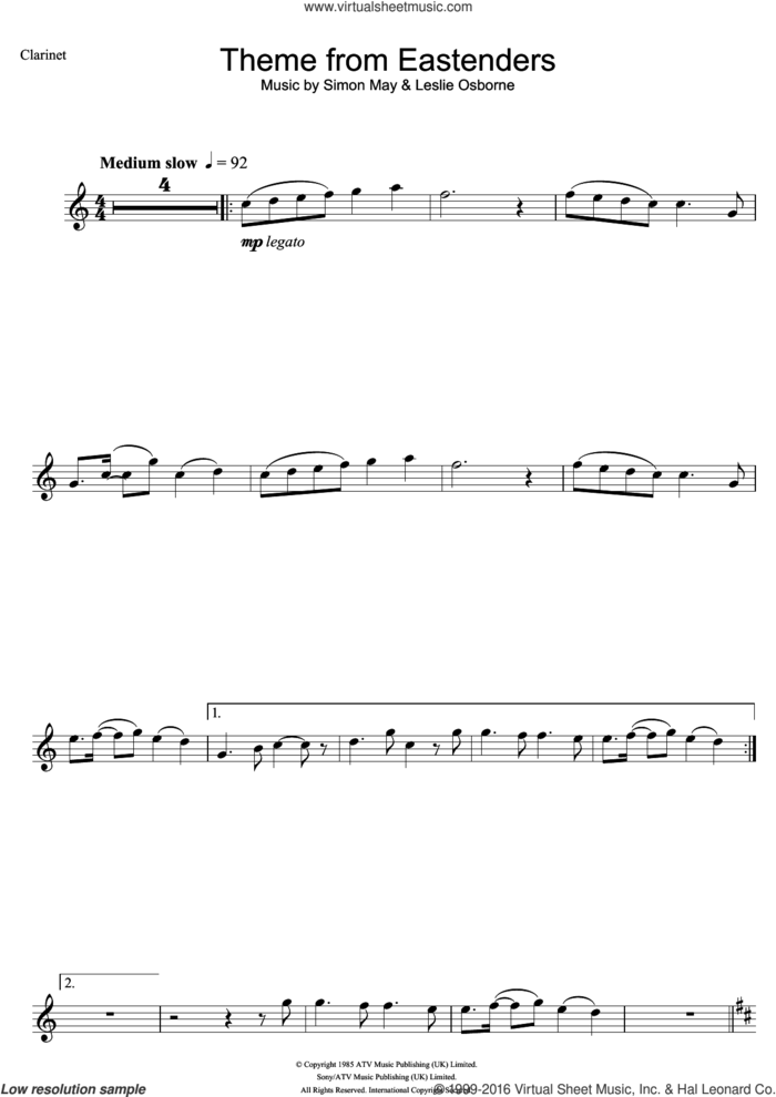 Theme from EastEnders sheet music for clarinet solo by Simon May and Leslie Osborne, intermediate skill level
