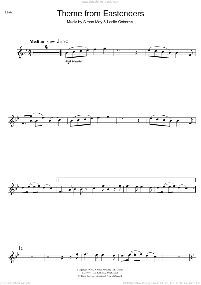 Theme from EastEnders sheet music for flute solo by Simon May and Leslie Osborne, intermediate skill level