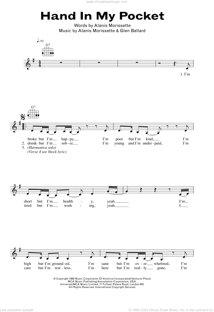 Hand In My Pocket sheet music for voice and other instruments (fake book) by Alanis Morissette and Glen Ballard, intermediate skill level