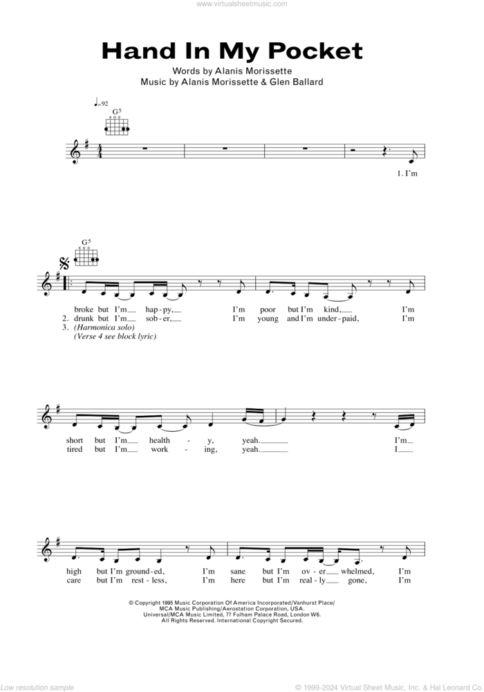 Hand In My Pocket sheet music for voice and other instruments (fake book) by Alanis Morissette and Glen Ballard, intermediate skill level