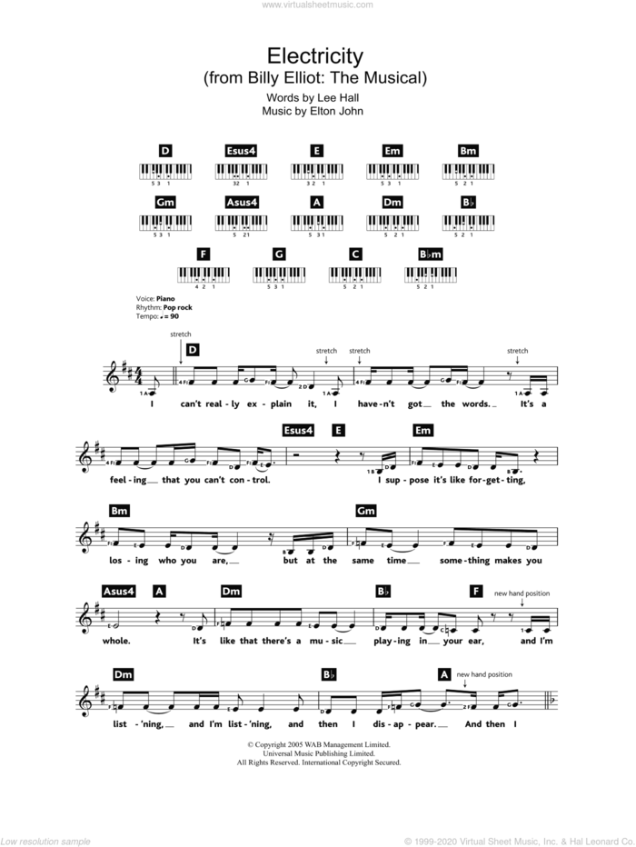 Electricity (from Billy Elliot: The Musical) sheet music for piano solo (chords, lyrics, melody) by Elton John and Lee Hall, intermediate piano (chords, lyrics, melody)