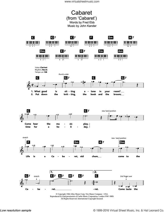 Cabaret sheet music for piano solo (chords, lyrics, melody) by Kander & Ebb, Fred Ebb and John Kander, intermediate piano (chords, lyrics, melody)
