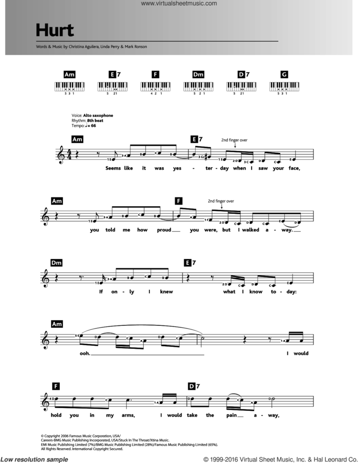Hurt sheet music for piano solo (chords, lyrics, melody) by Christina Aguilera, Linda Perry and Mark Ronson, intermediate piano (chords, lyrics, melody)