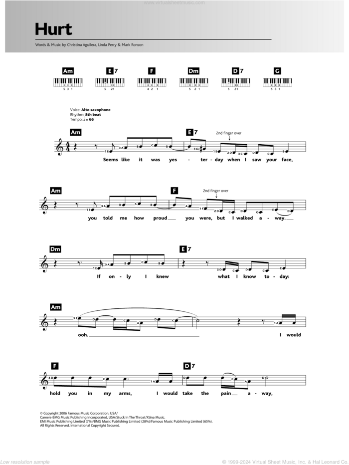 Hurt sheet music for piano solo (chords, lyrics, melody) by Christina Aguilera, Linda Perry and Mark Ronson, intermediate piano (chords, lyrics, melody)