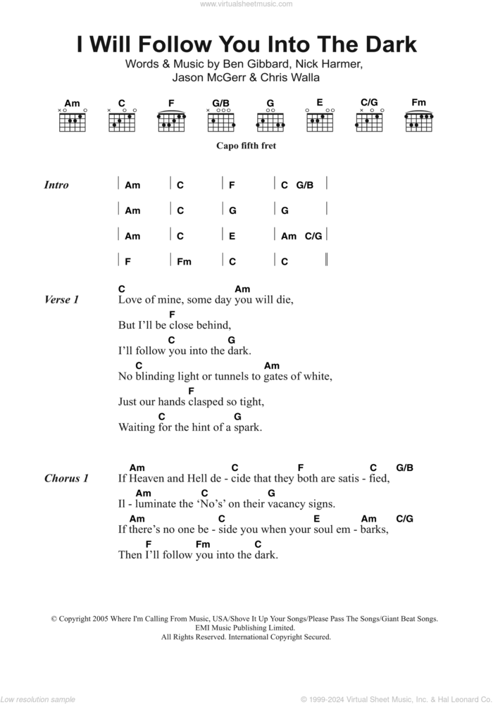 I Will Follow You Into The Dark sheet music for guitar (chords) by Death Cab For Cutie, Ben Gibbard, Chris Walla, Jason McGerr and Nick Harmer, intermediate skill level