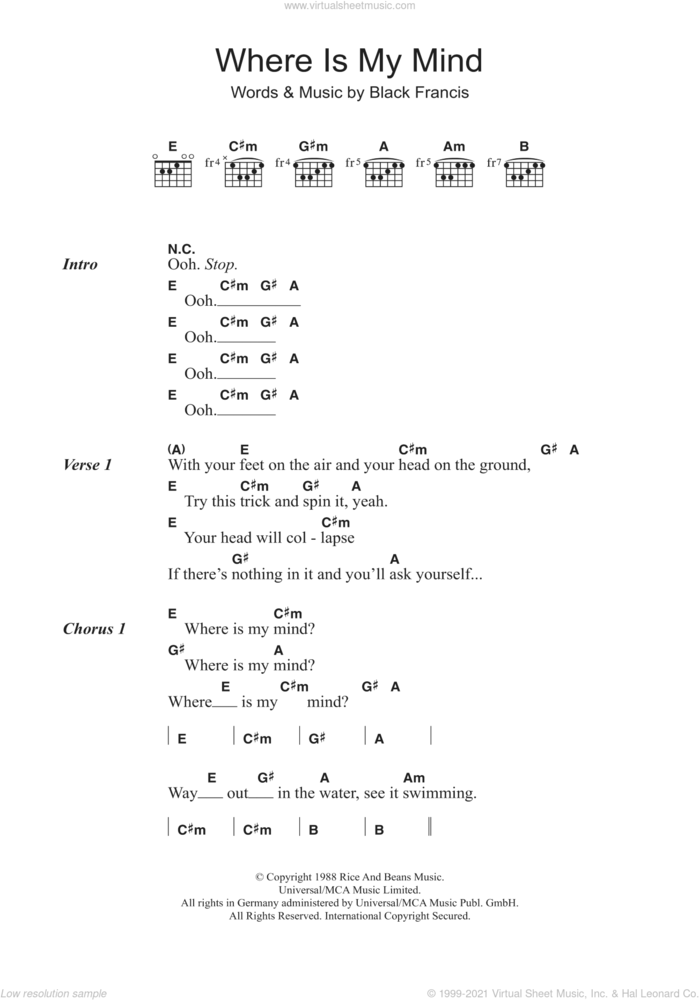 Where Is My Mind? sheet music for guitar (chords) by The Pixies, Pixies and Francis Black, intermediate skill level