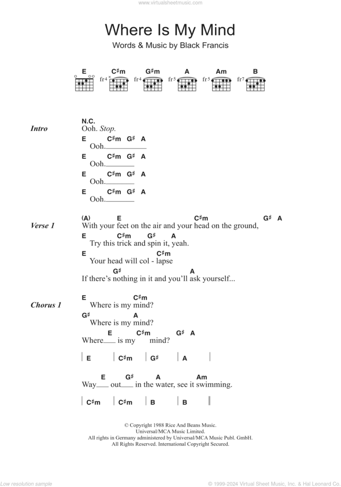 Where Is My Mind? sheet music for guitar (chords) by The Pixies, Pixies and Francis Black, intermediate skill level