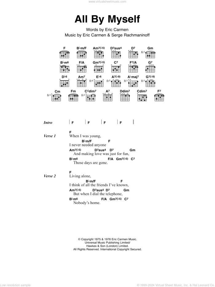 All By Myself sheet music for guitar (chords) by Eric Carmen, Celine Dion and Serjeij Rachmaninoff, intermediate skill level