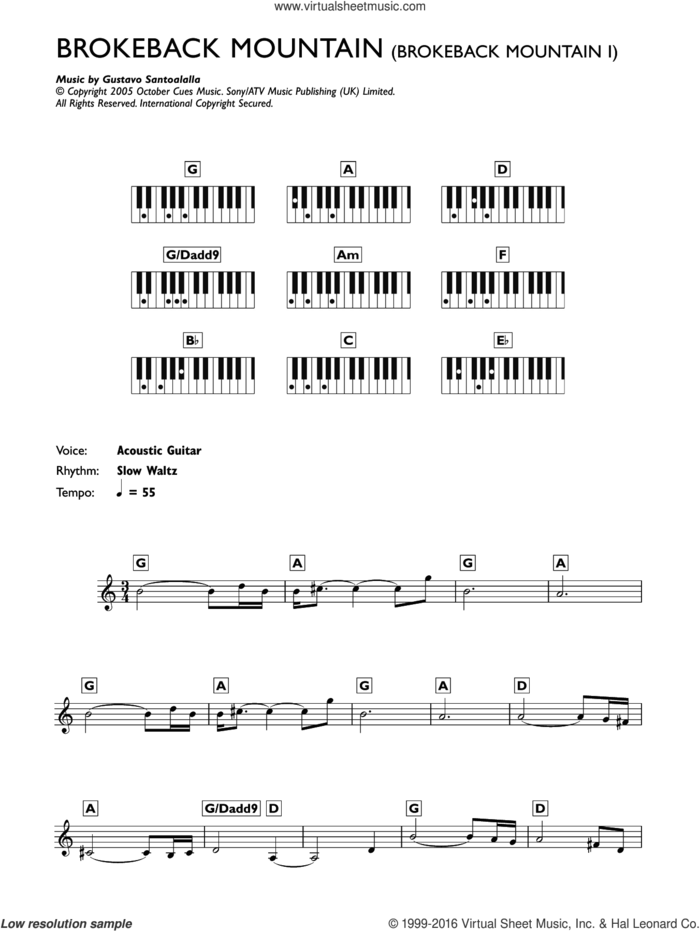 Theme from Brokeback Mountain sheet music for piano solo (chords, lyrics, melody) by Gustavo Santaolalla, intermediate piano (chords, lyrics, melody)