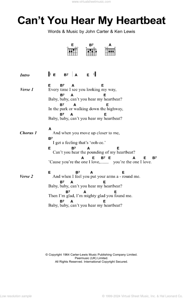 Can't You Hear My Heartbeat sheet music for guitar (chords) by Herman's Hermits, John Carter and Ken Lewis, intermediate skill level