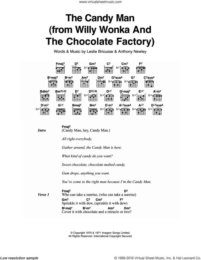 The Candy Man (from Willy Wonka And The Chocolate Factory) sheet music for guitar (chords) by Leslie Bricusse, Sammy Davis, Jr. and Anthony Newley, intermediate skill level