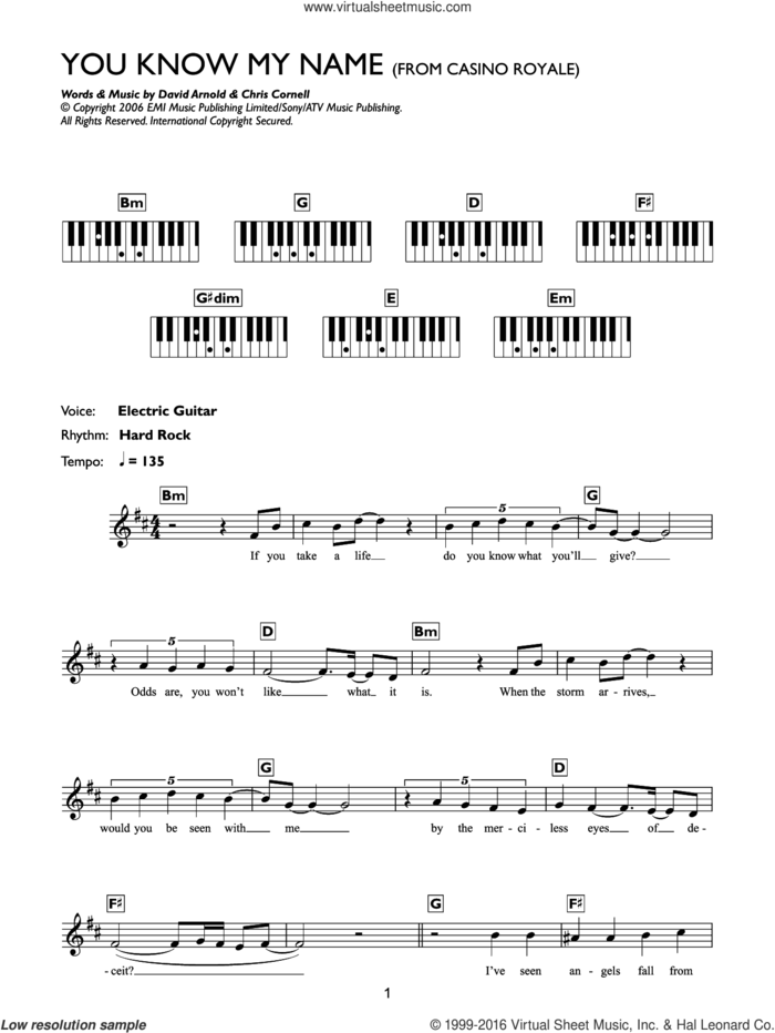 You Know My Name (theme from James Bond: Casino Royale) sheet music for piano solo (chords, lyrics, melody) by Chris Cornell and David Arnold, intermediate piano (chords, lyrics, melody)