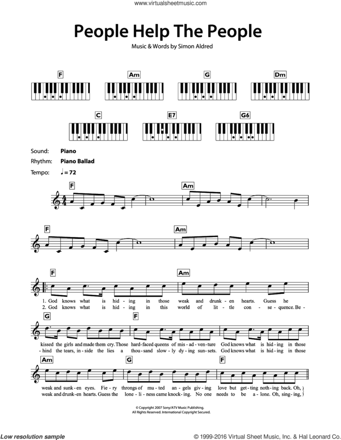 People Help The People sheet music for piano solo (chords, lyrics, melody) by Birdy, Cherry Ghost and Simon Aldred, intermediate piano (chords, lyrics, melody)