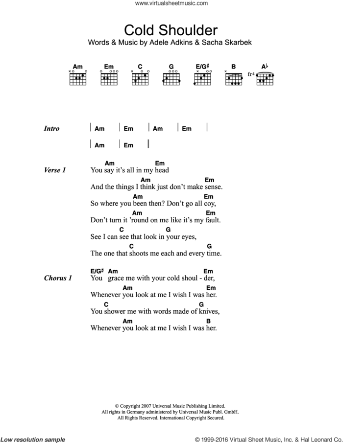 Cold Shoulder sheet music for guitar (chords) by Adele and Sacha Skarbek, intermediate skill level