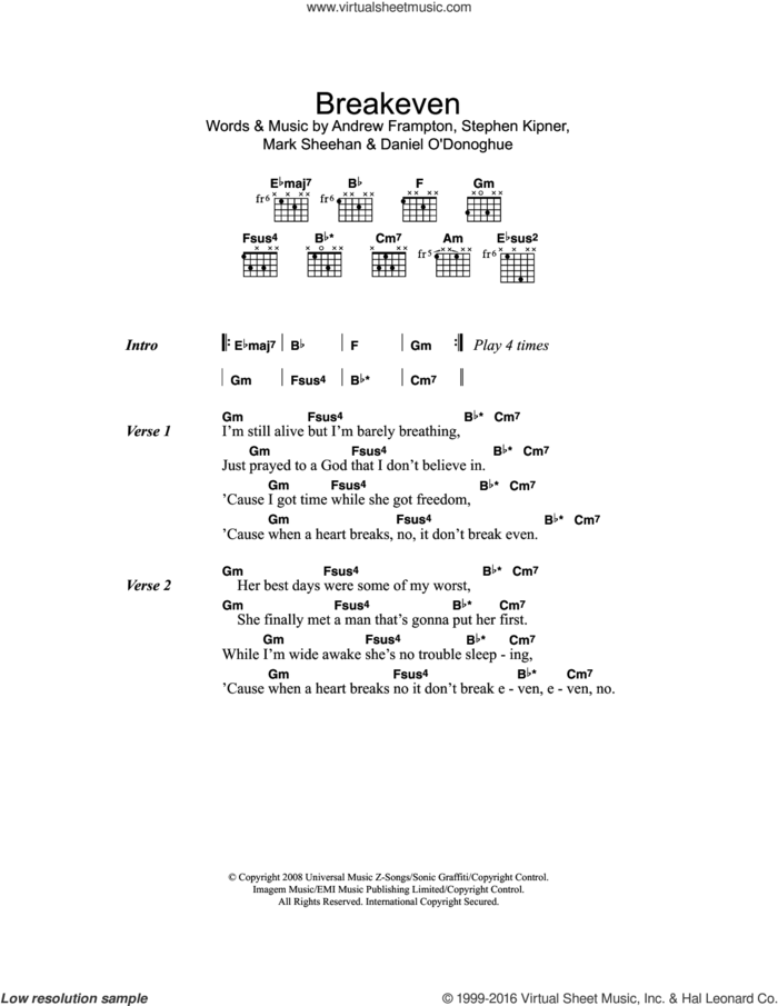 Breakeven sheet music for guitar (chords) by The Script, Andrew Frampton, Mark Sheehan and Steve Kipner, intermediate skill level