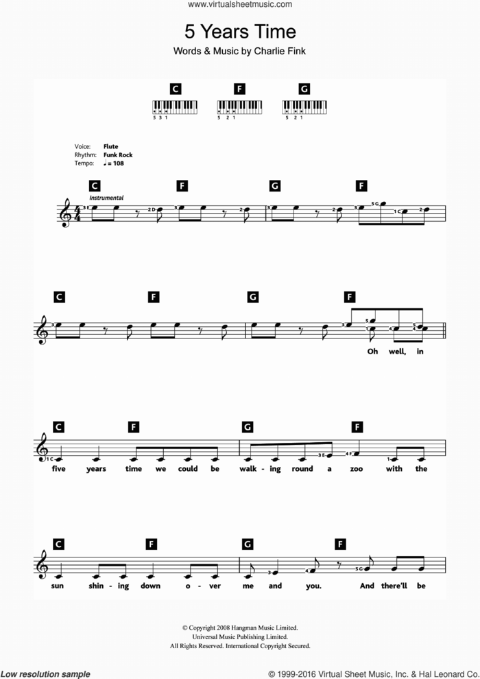 5 Years Time sheet music for piano solo (chords, lyrics, melody) by Noah And The Whale and Charlie Fink, intermediate piano (chords, lyrics, melody)