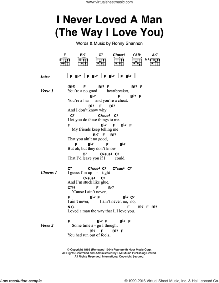 I Never Loved A Man (The Way I Love You) sheet music for guitar (chords) by Aretha Franklin and Ronnie Shannon, intermediate skill level