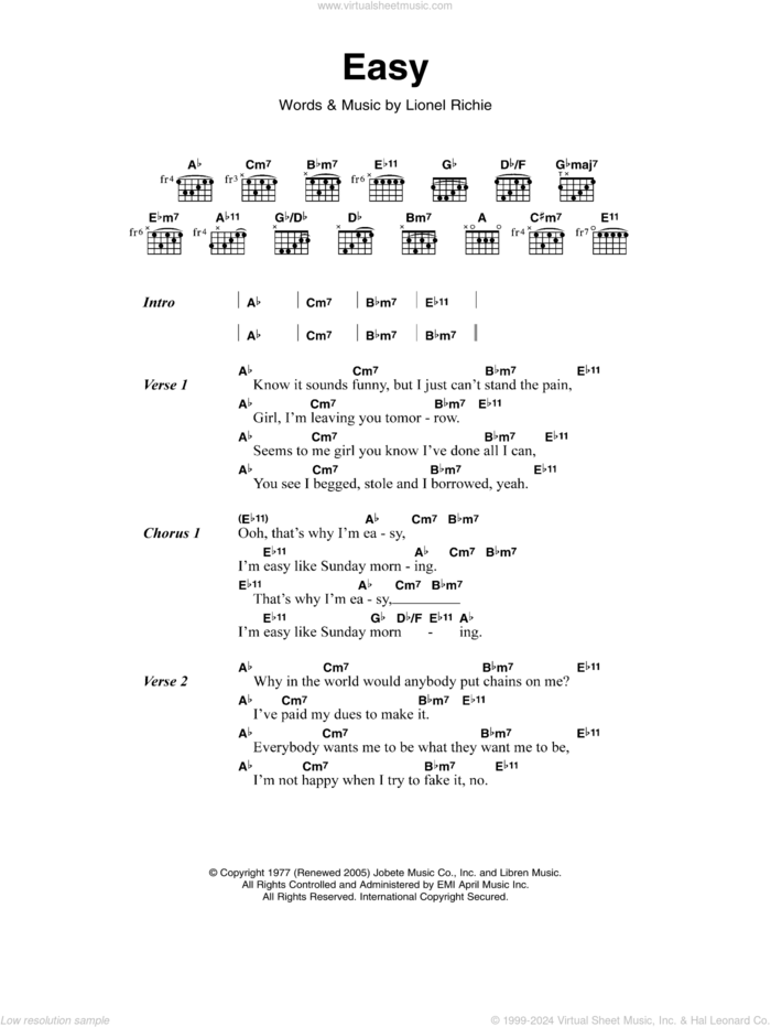 Easy sheet music for guitar (chords) by Lionel Richie and The Commodores, intermediate skill level