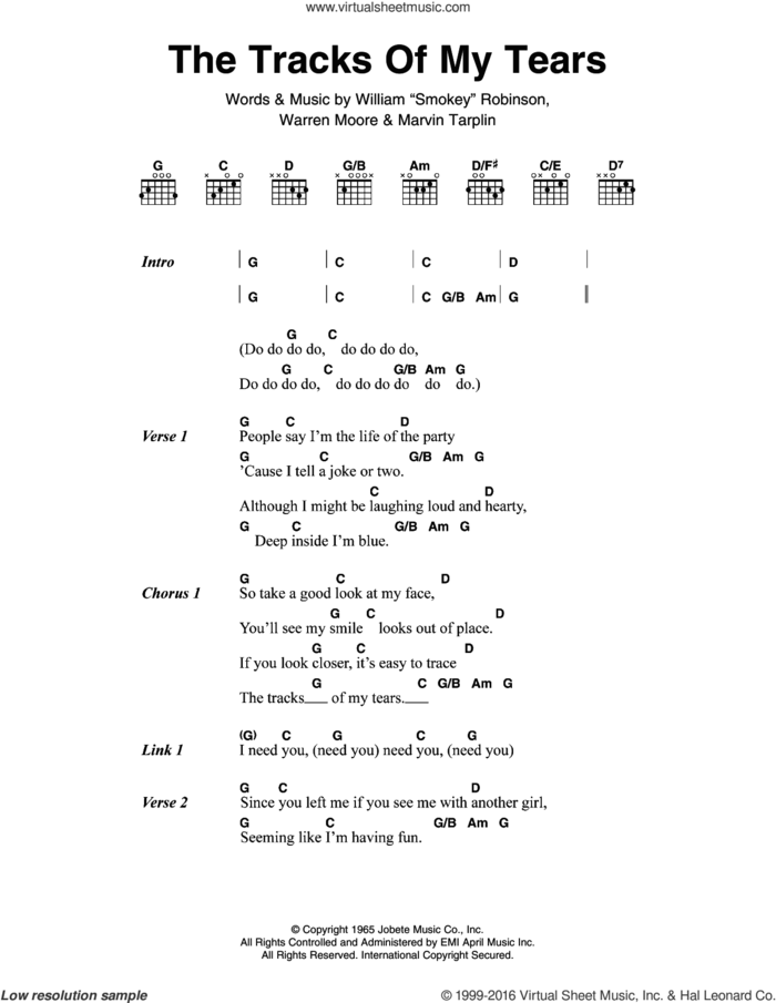 The Tracks Of My Tears sheet music for guitar (chords) by Smokey Robinson & The Miracles, Marvin Tarplin and Warren Moore, intermediate skill level