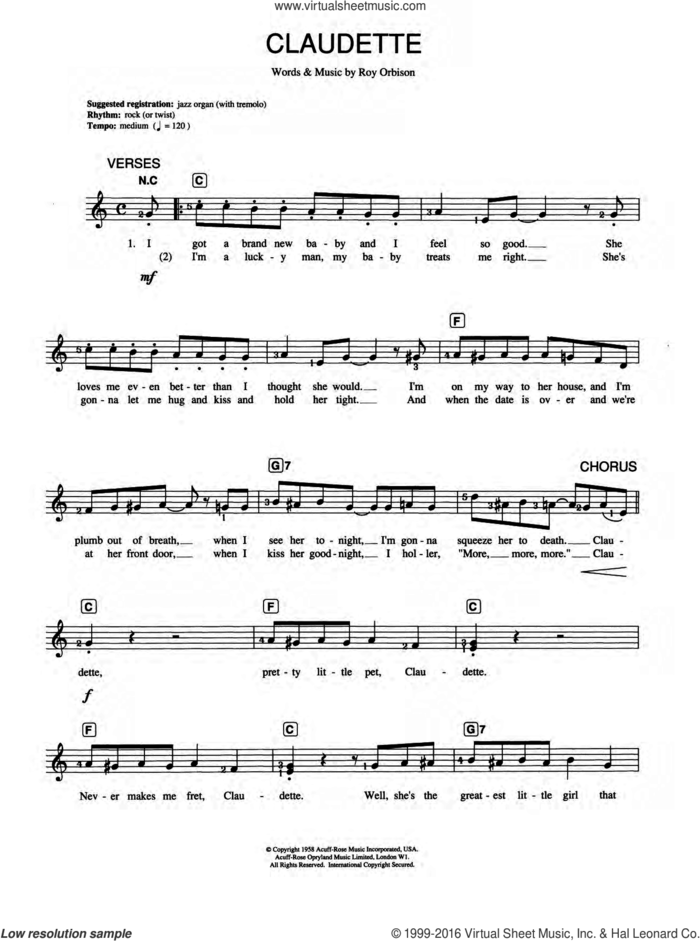 Claudette sheet music for piano solo (chords, lyrics, melody) by Roy Orbison, intermediate piano (chords, lyrics, melody)