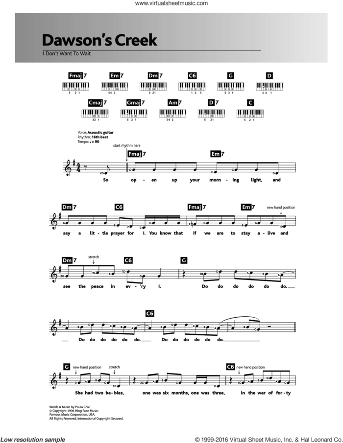 I Don't Want To Wait (theme from Dawson's Creek) sheet music for piano solo (chords, lyrics, melody) by Paula Cole, intermediate piano (chords, lyrics, melody)