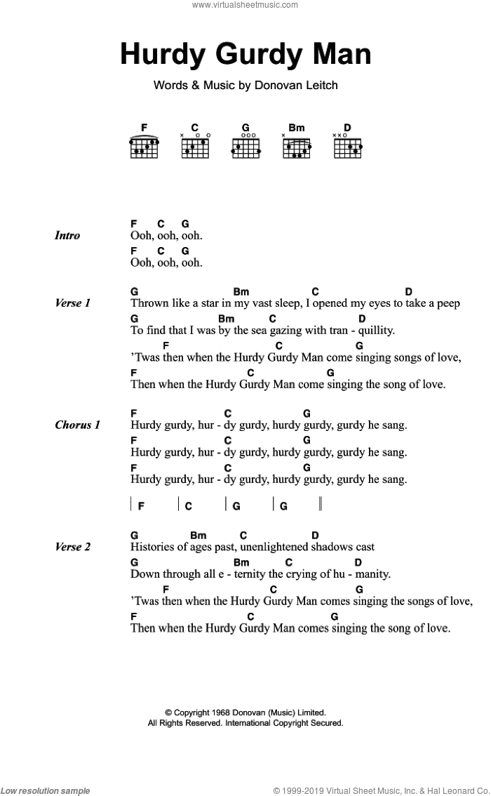 Hurdy Gurdy Man sheet music for guitar (chords) by Walter Donovan and Donovan Leitch, intermediate skill level