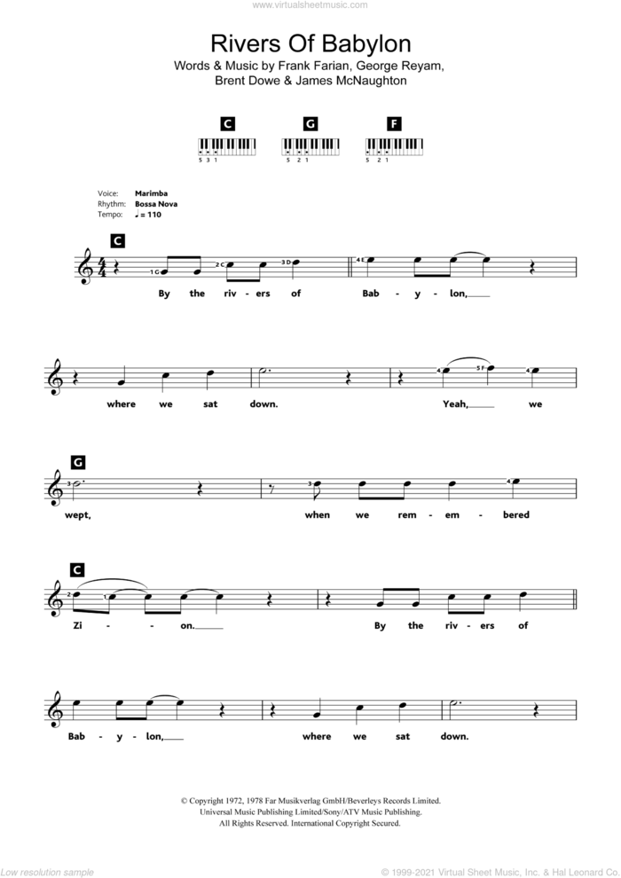 Rivers Of Babylon sheet music for piano solo (chords, lyrics, melody) by Boney M., Brent Dowe, Frank Farian, George Reyam and James McNaughton, intermediate piano (chords, lyrics, melody)
