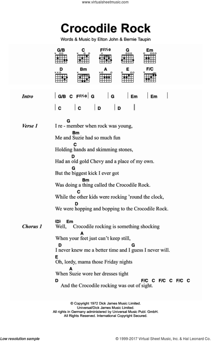 Crocodile Rock sheet music for guitar (chords) by Elton John and Bernie Taupin, intermediate skill level