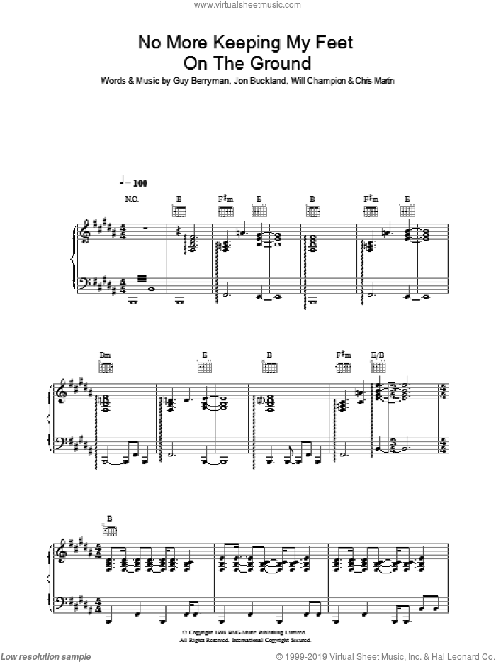 No More Keeping My Feet On The Ground sheet music for voice, piano or guitar by Coldplay, Chris Martin, Guy Berryman, Jon Buckland and Will Champion, intermediate skill level