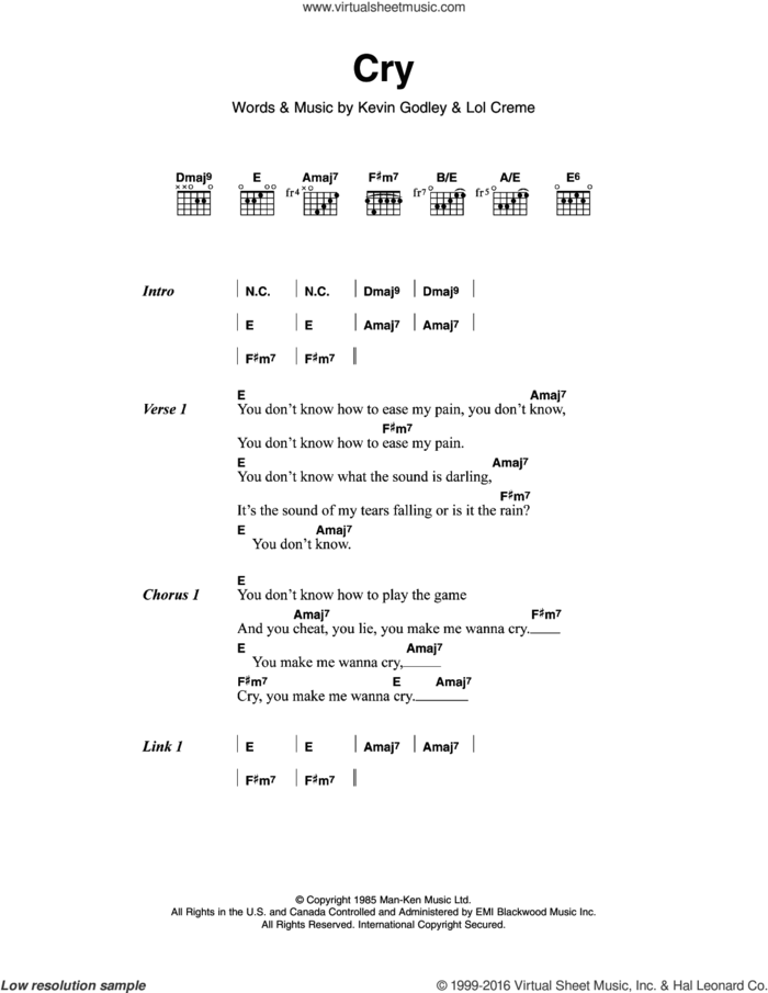Cry sheet music for guitar (chords) by Godley & Creme, Kevin Godley and Lol Creme, intermediate skill level