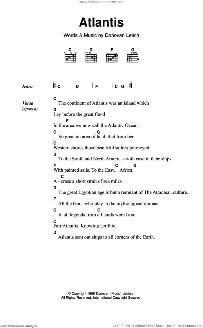 Atlantis sheet music for guitar (chords) by Walter Donovan and Donovan Leitch, intermediate skill level